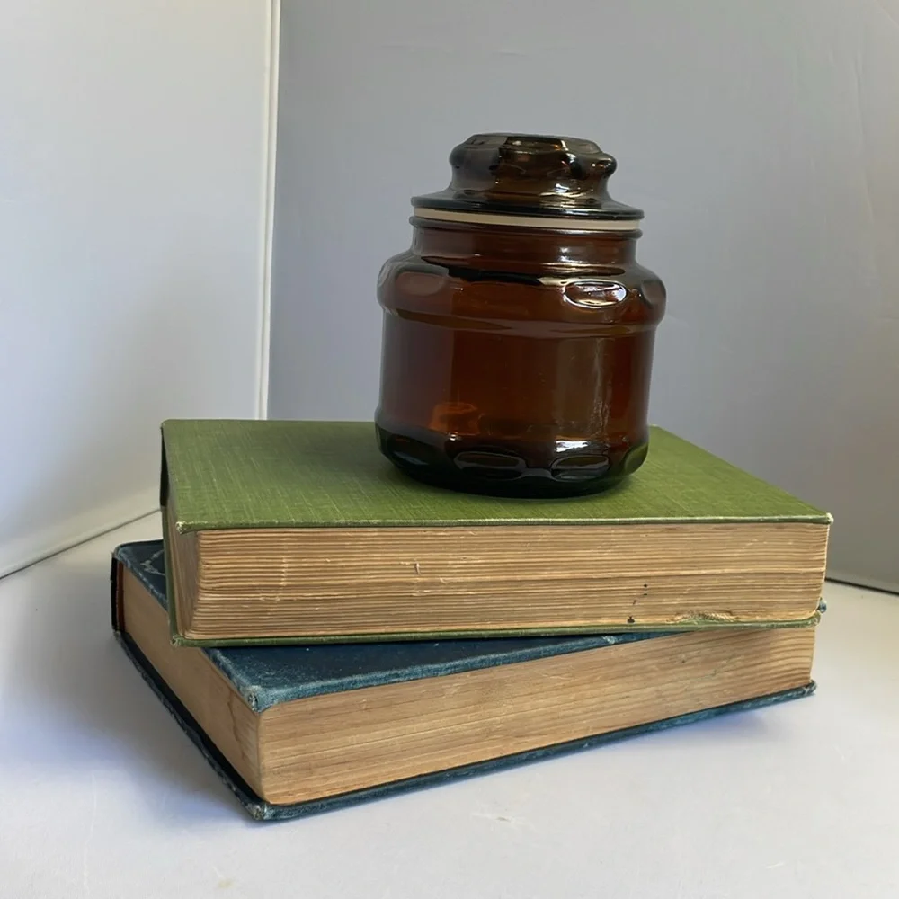 Vintage‎ Small Glass Apothecary Jar with Lid in Brown or Dark Amber